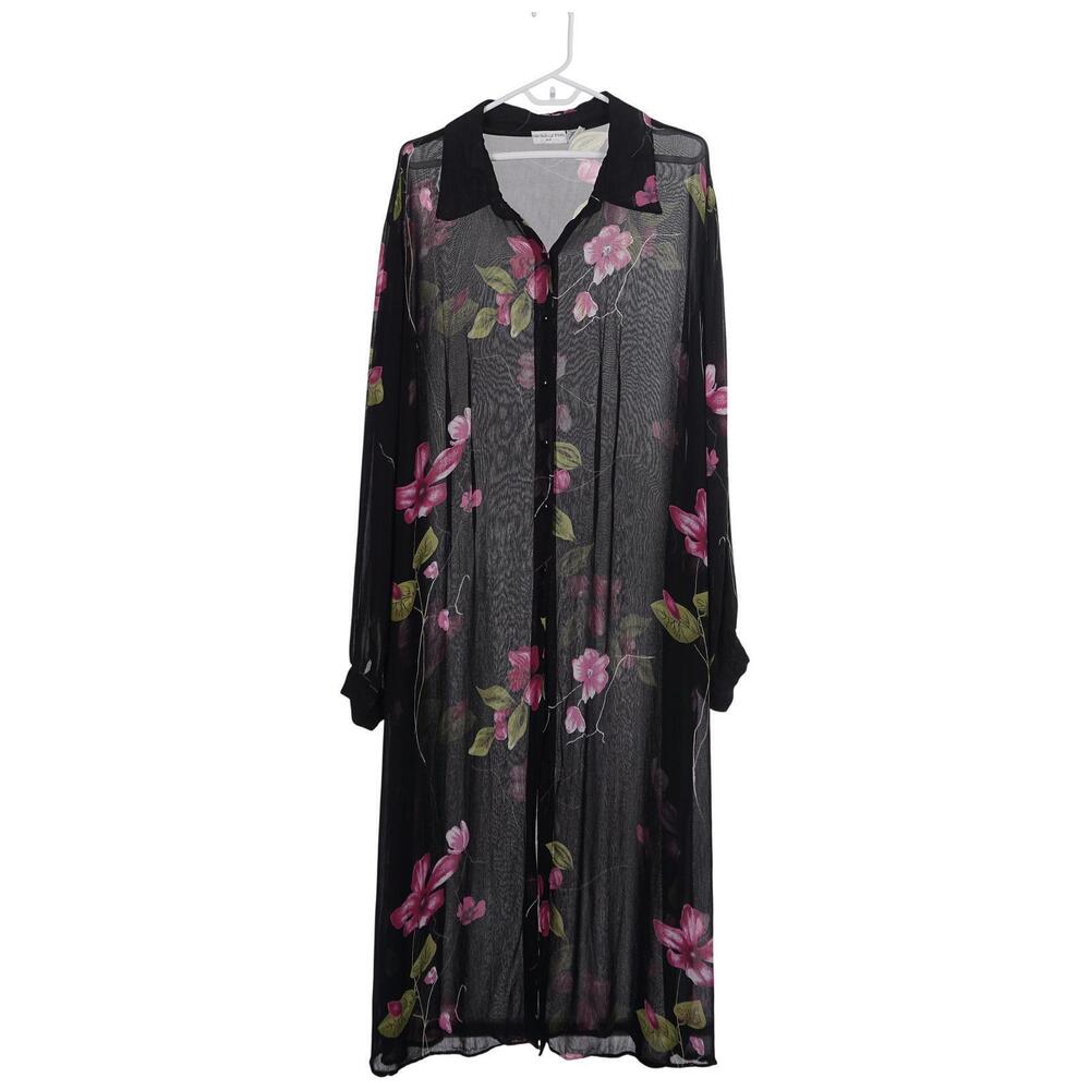 Paradise Plus Shirt Dress 3X Black Floral Sheer Long Sleeve Duster Tunic